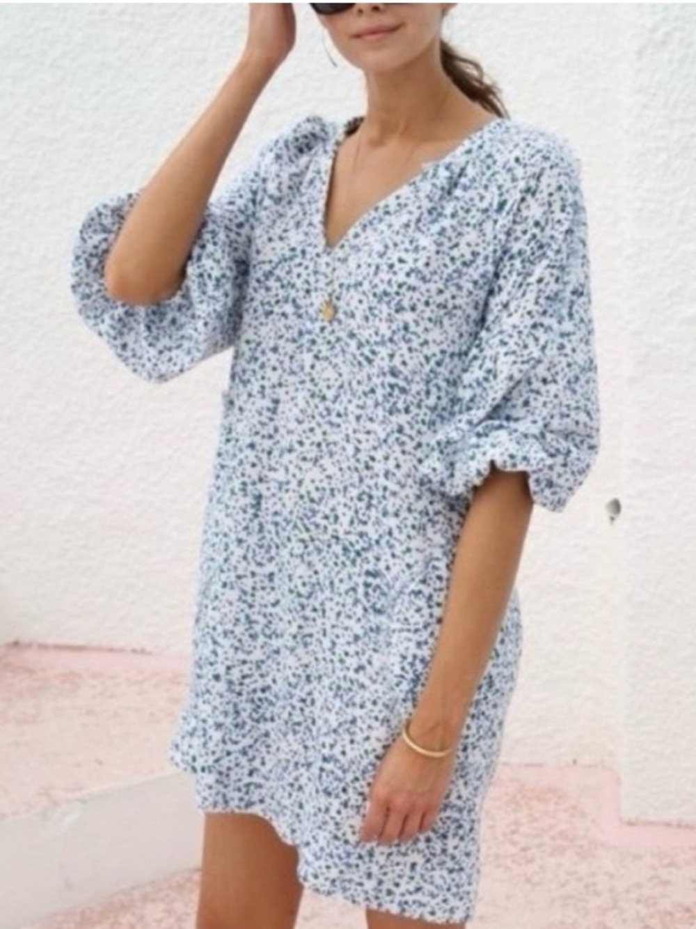 Mirth Caftans Fieldflower Block Print Cotton Raw Fringe Hem Mini Dress Size XS